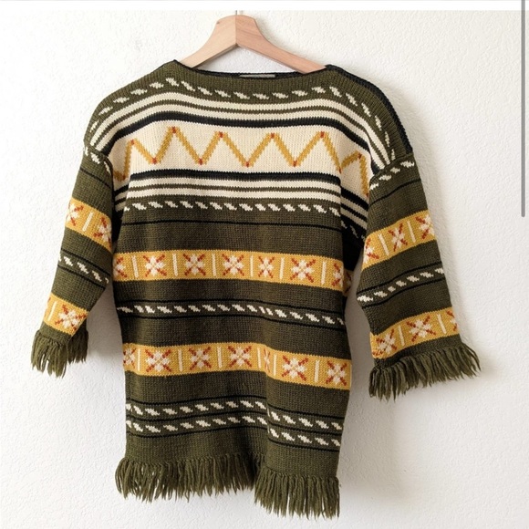 Vintage Handmade in Norway Knit Sweater Fringe Fair Isle 60s 70s Green Medium - Picture 4 of 4
